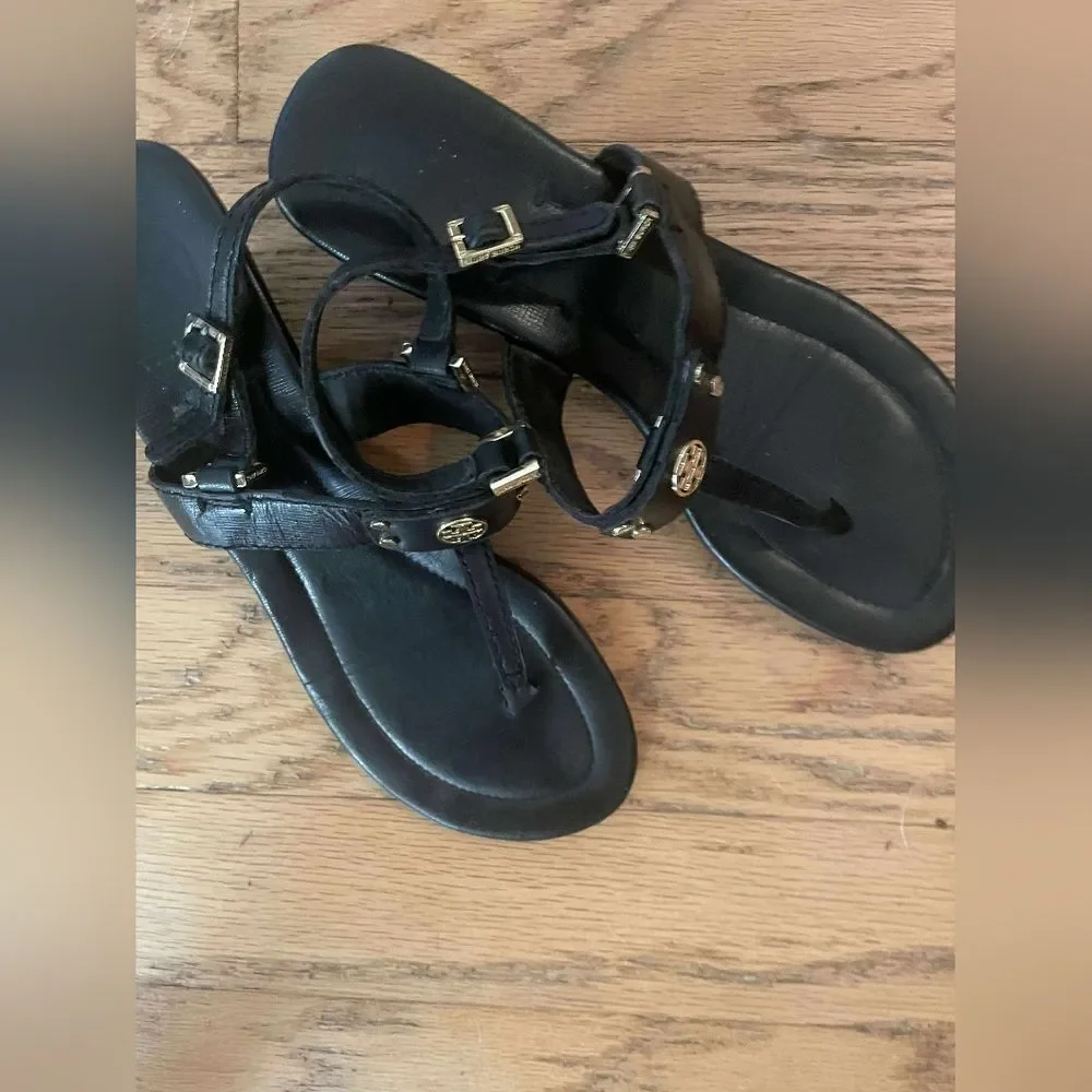 Tory Burch Robinson Demi Wedge Heel Sandal Slingback Black Gold 8.5